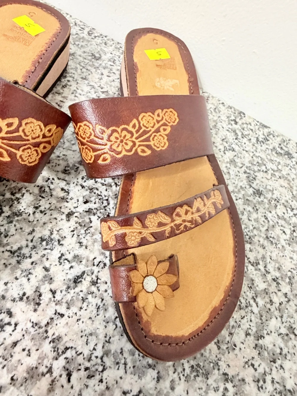 Women’s Brown Floral Leather Slide Sandals mexico sz 5 US sz 8 - Picture 6 of 9